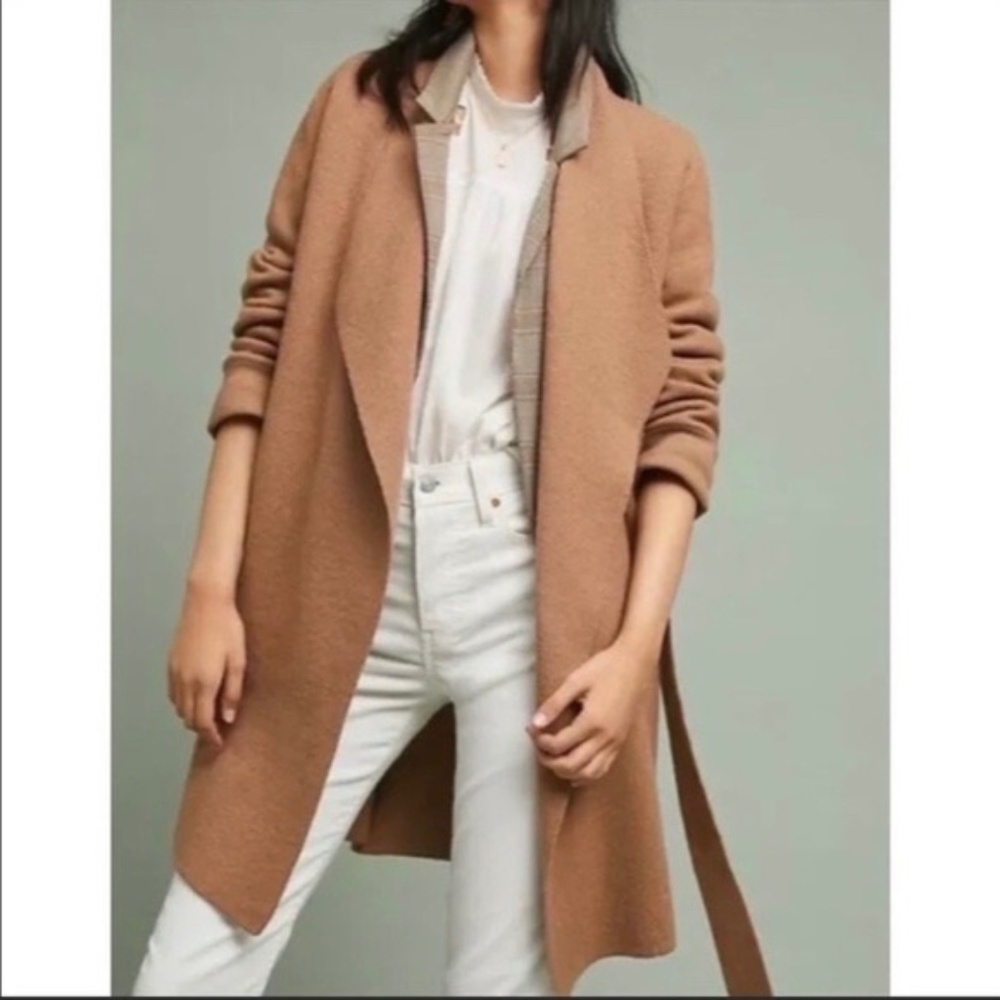 Anthropologie Moth Mayella Sweater Wrap Coat Wool Blend Camel Size Medium